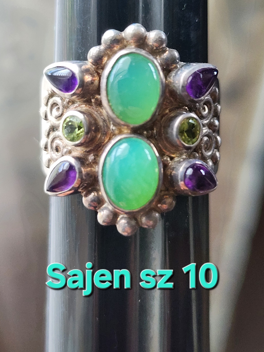 Sajen Green Opal & Amethyst Sterling Silver Statement Ring (Size 10) Chunky